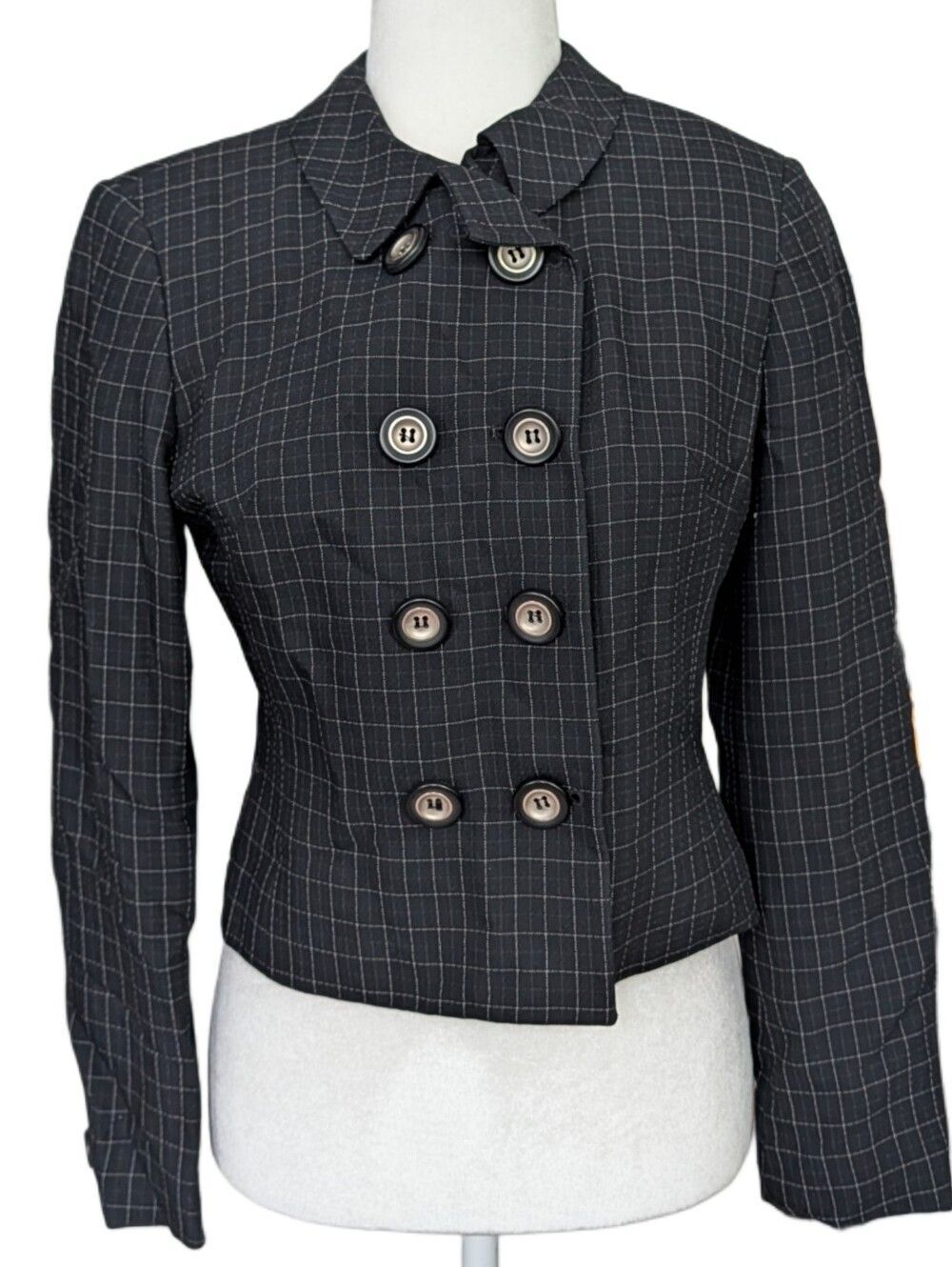 Tahari Petite Womens Black Red Double-Breasted Black Windowpane Blazer Size 4